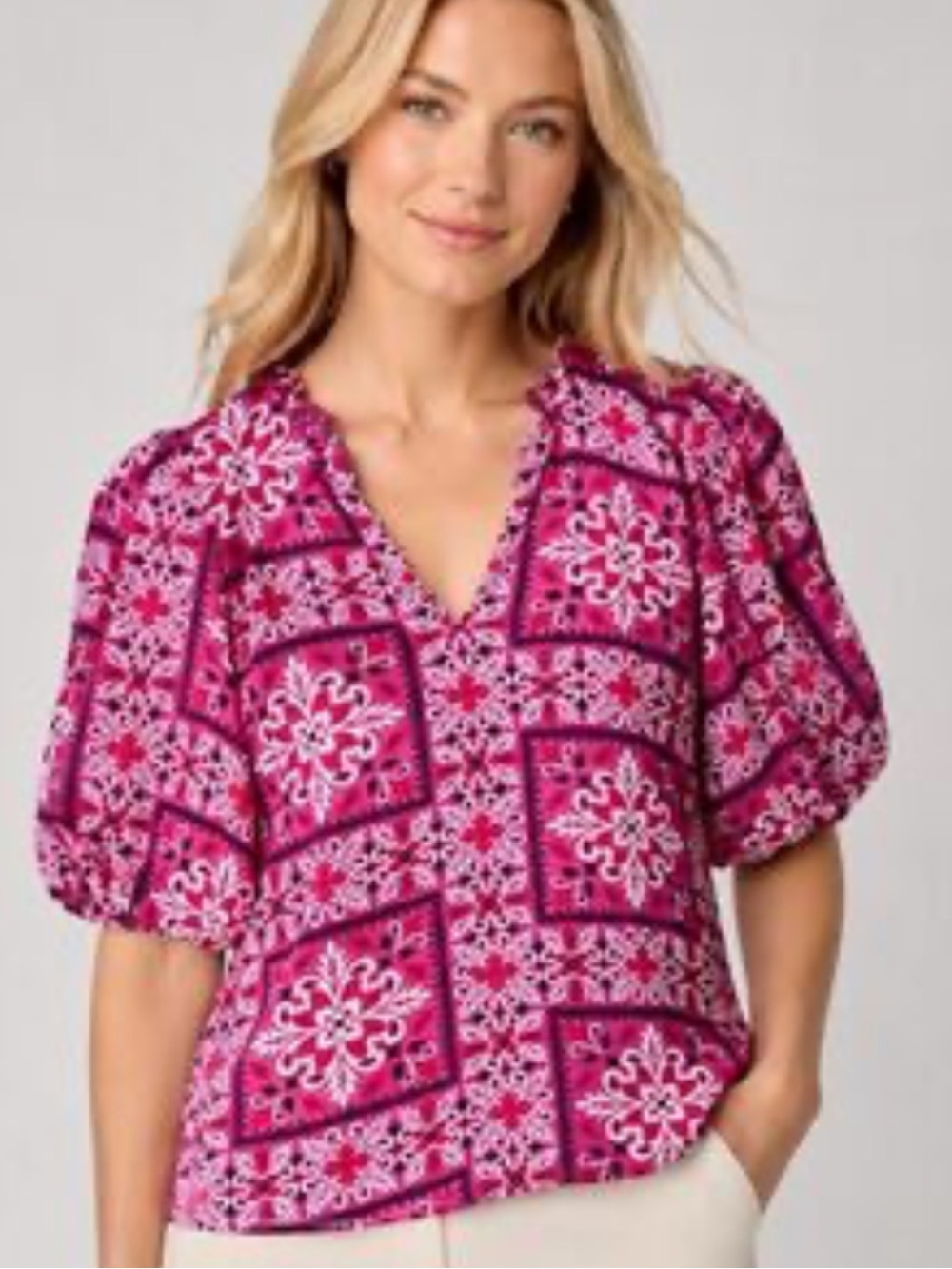 Ann Taylor Factory  Pink Patchwork V-Neck Puff Sleeve Blouse